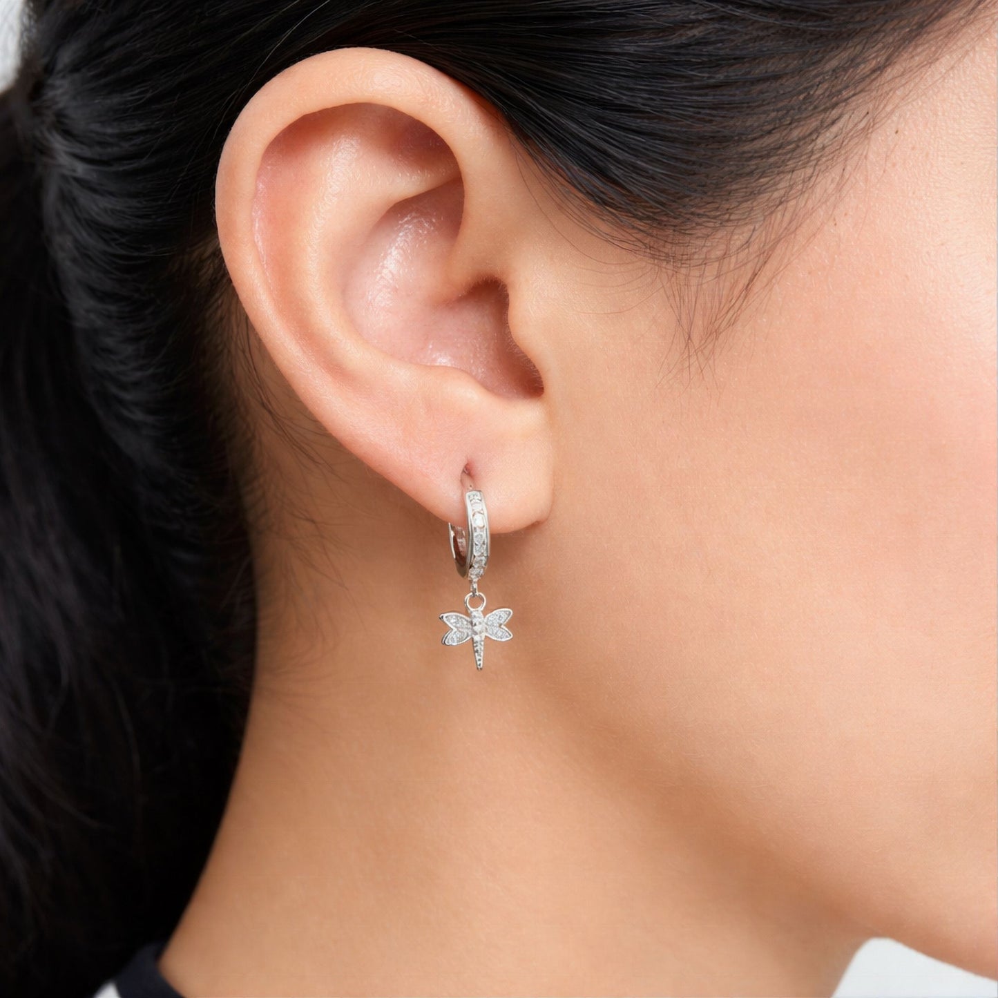 925 Sterling Silver Dragonfly Huggies Drop Earrings With Cubic Zirconia