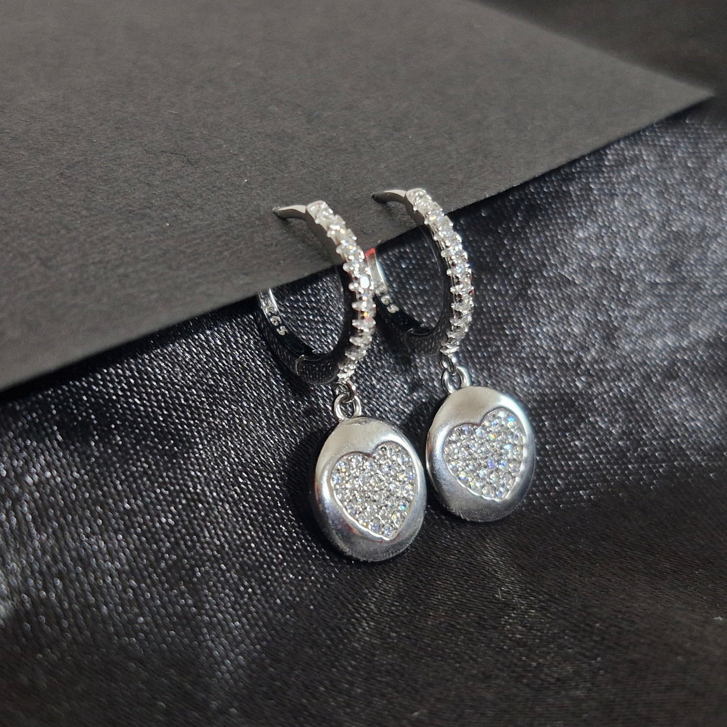 925 Sterling Silver Floating Heart Huggies Drop Earrings With Cubic Zirconia