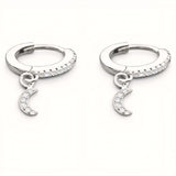 925 Sterling Silver Crescent Moon Huggiea Drop Earrings With Cubic Zirconia