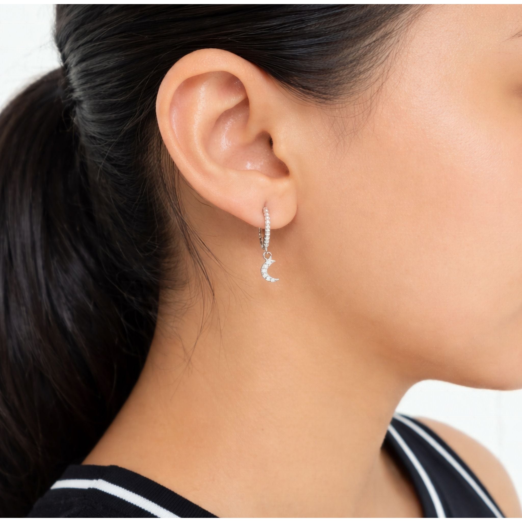 925 Sterling Silver Crescent Moon Huggiea Drop Earrings With Cubic Zirconia