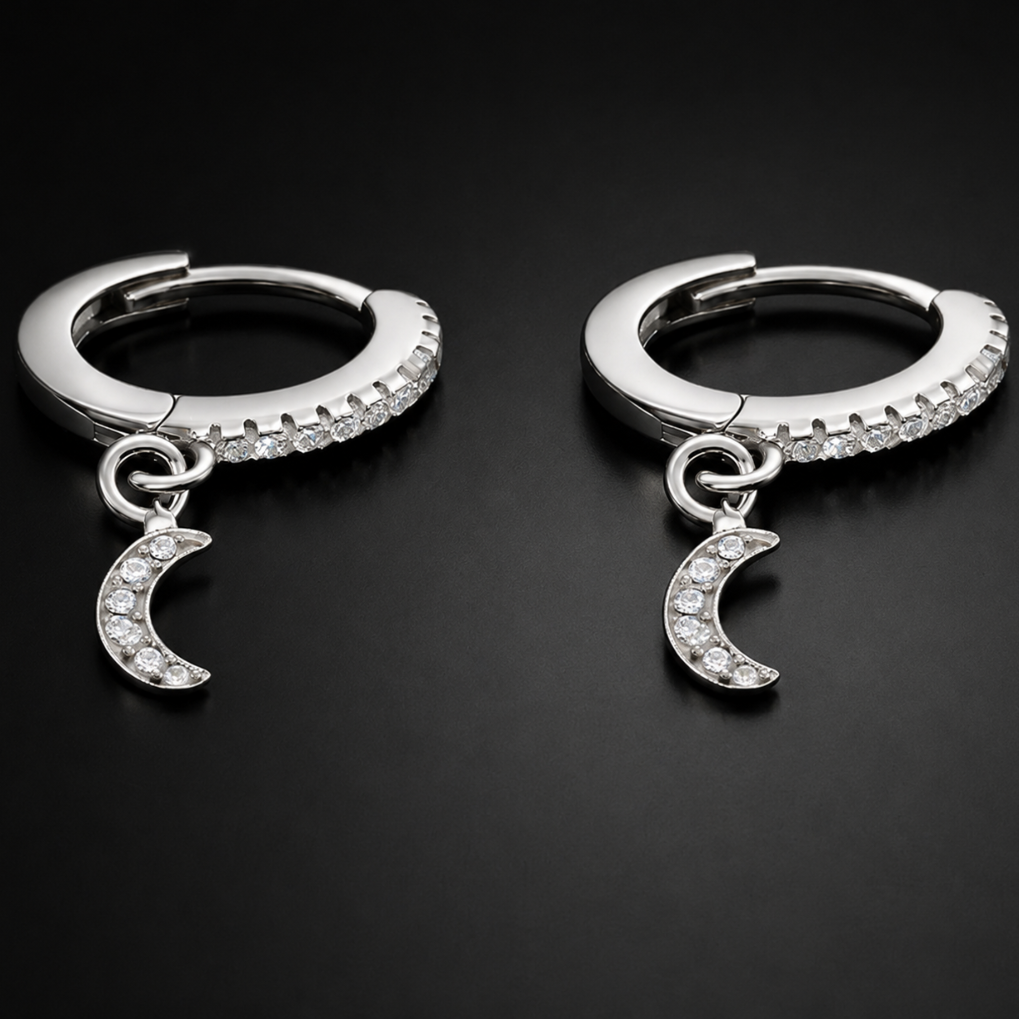 925 Sterling Silver Crescent Moon Huggiea Drop Earrings With Cubic Zirconia