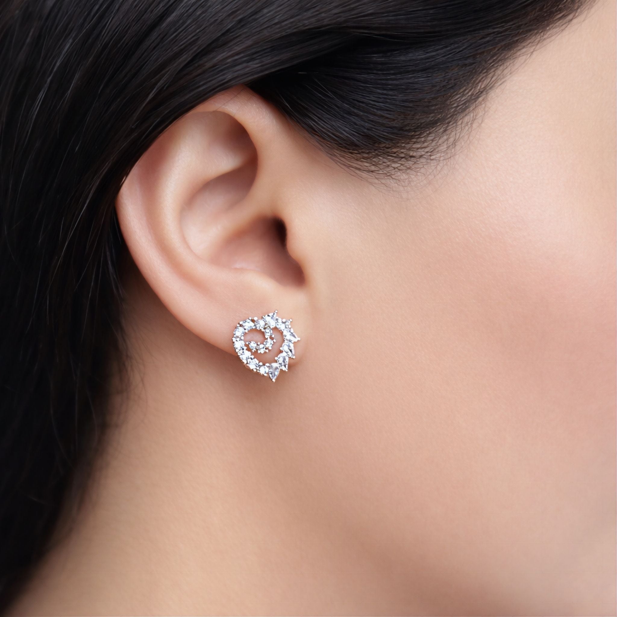 925 Sterling Silver Spiral Heart Stud Earrings With Multi-Cut Cubic Zirconia