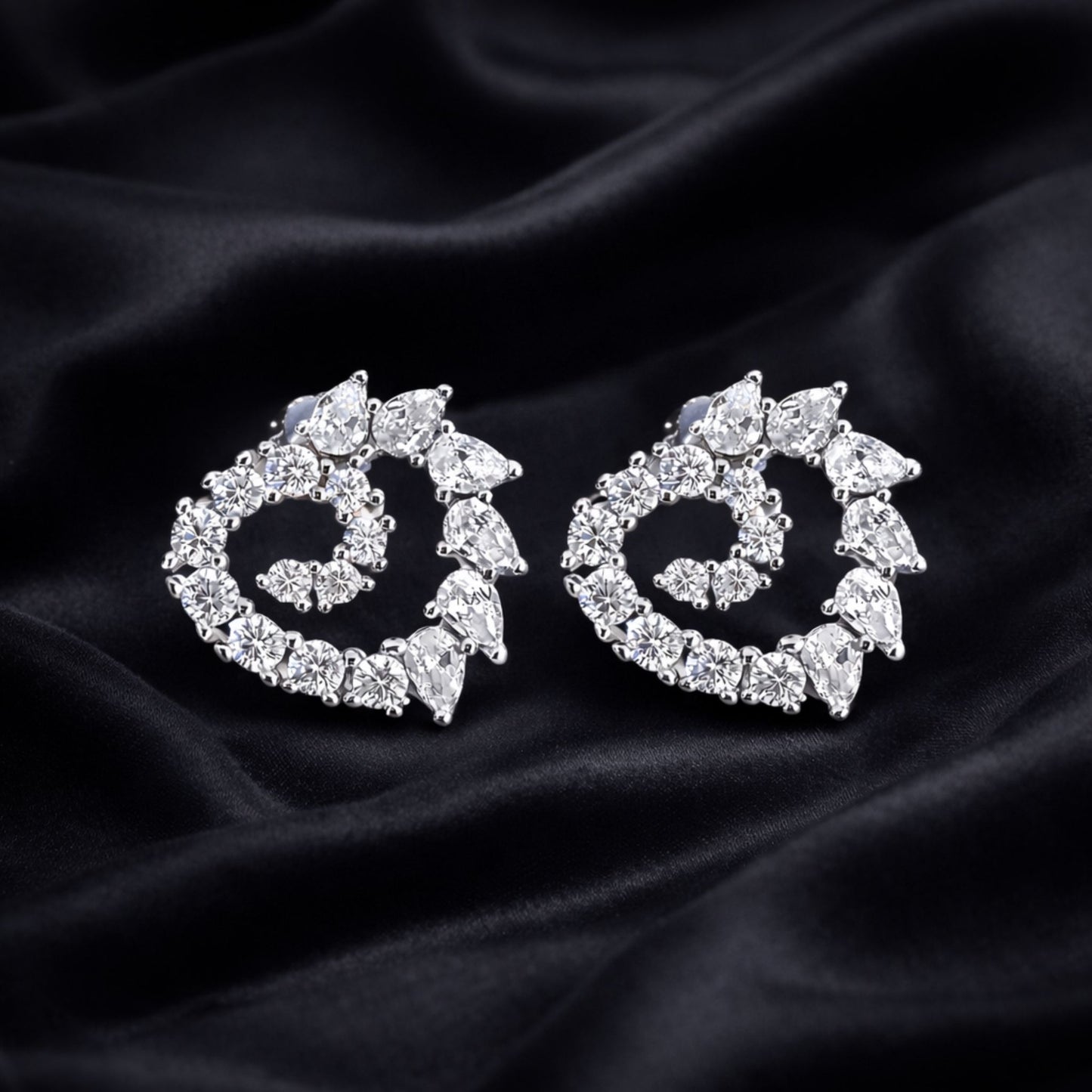 925 Sterling Silver Spiral Heart Stud Earrings With Multi-Cut Cubic Zirconia