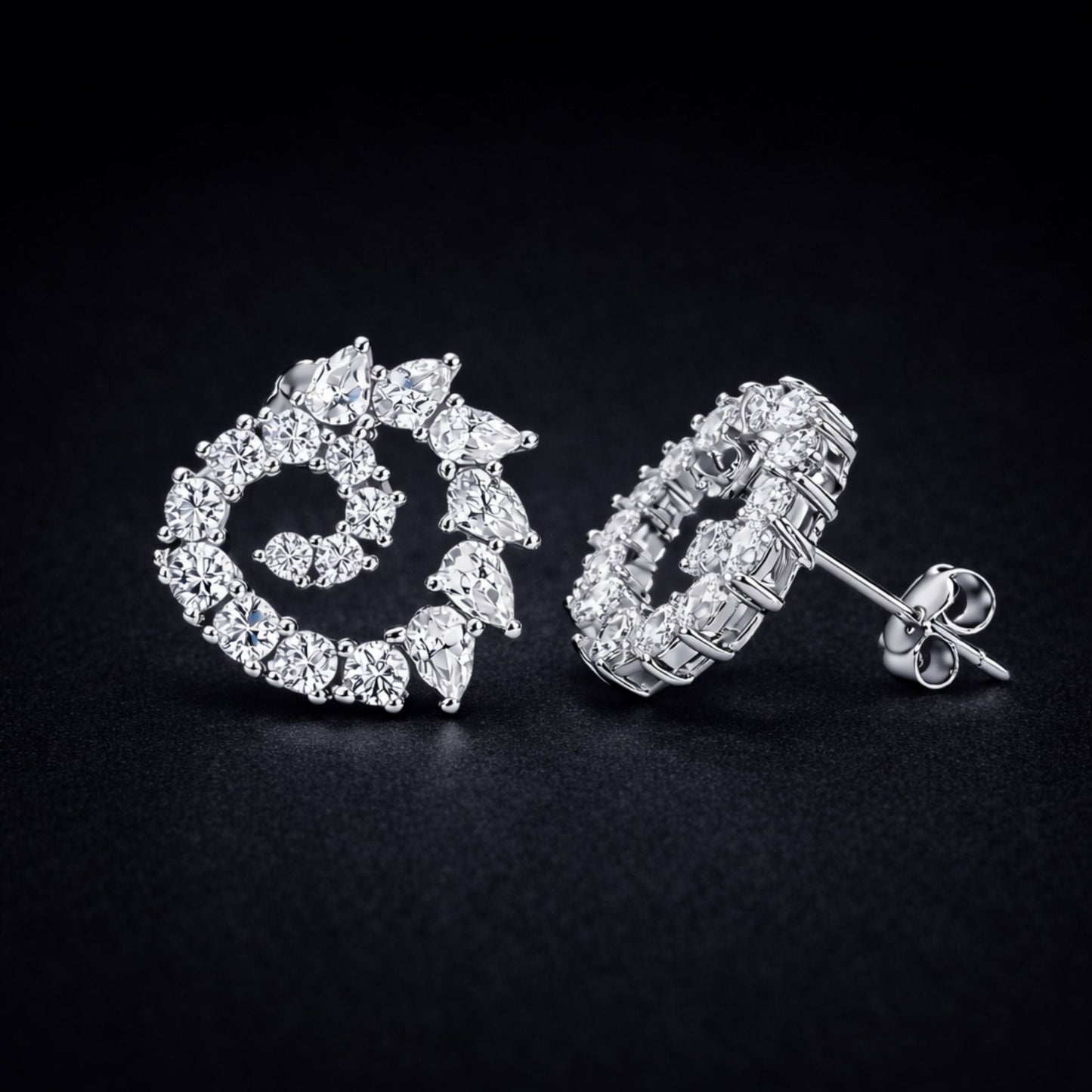 925 Sterling Silver Spiral Heart Stud Earrings With Multi-Cut Cubic Zirconia