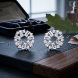 925 Sterling Silver Sunburst Stud Earrings With Baguette & Round Cubic Zirconia