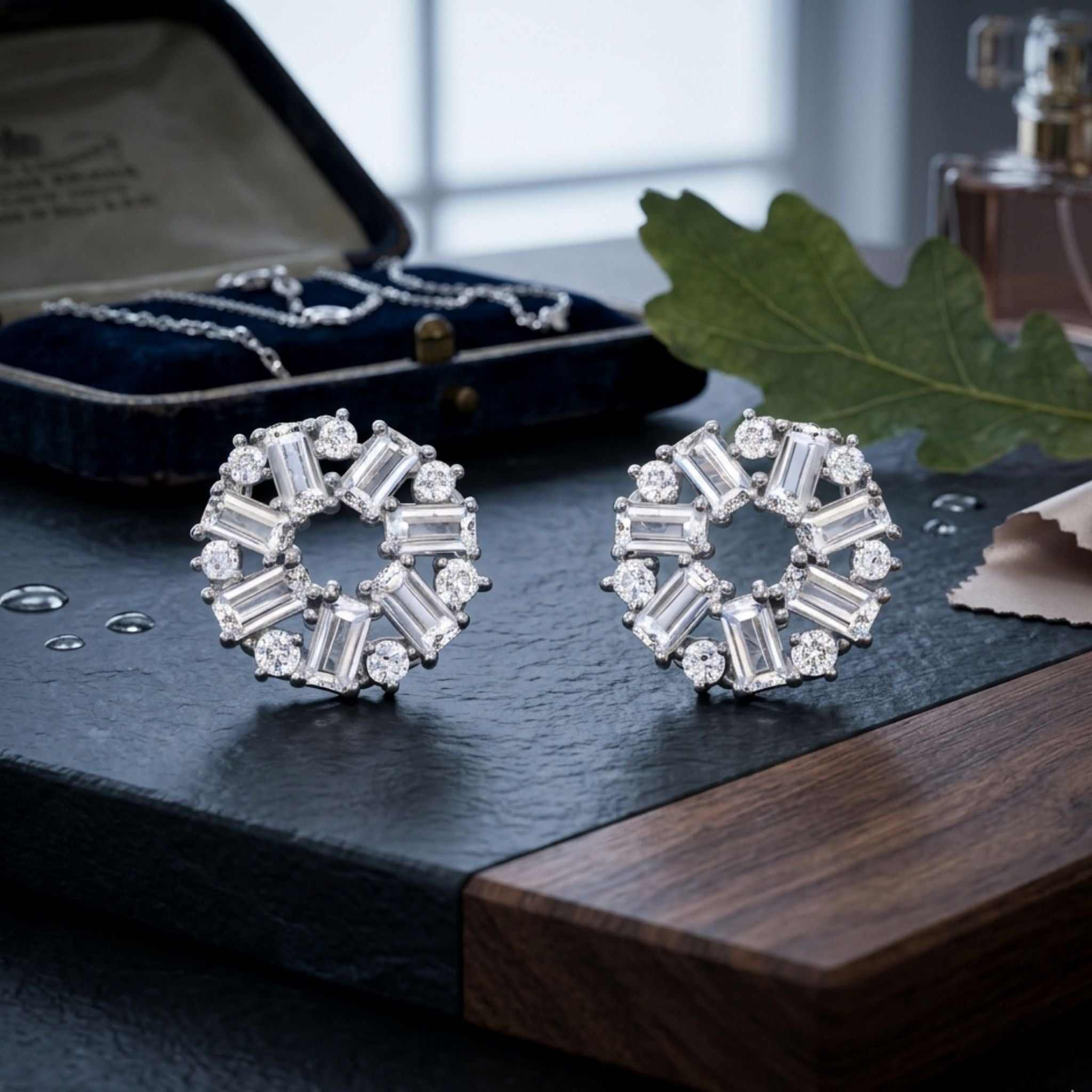 925 Sterling Silver Sunburst Stud Earrings With Baguette & Round Cubic Zirconia