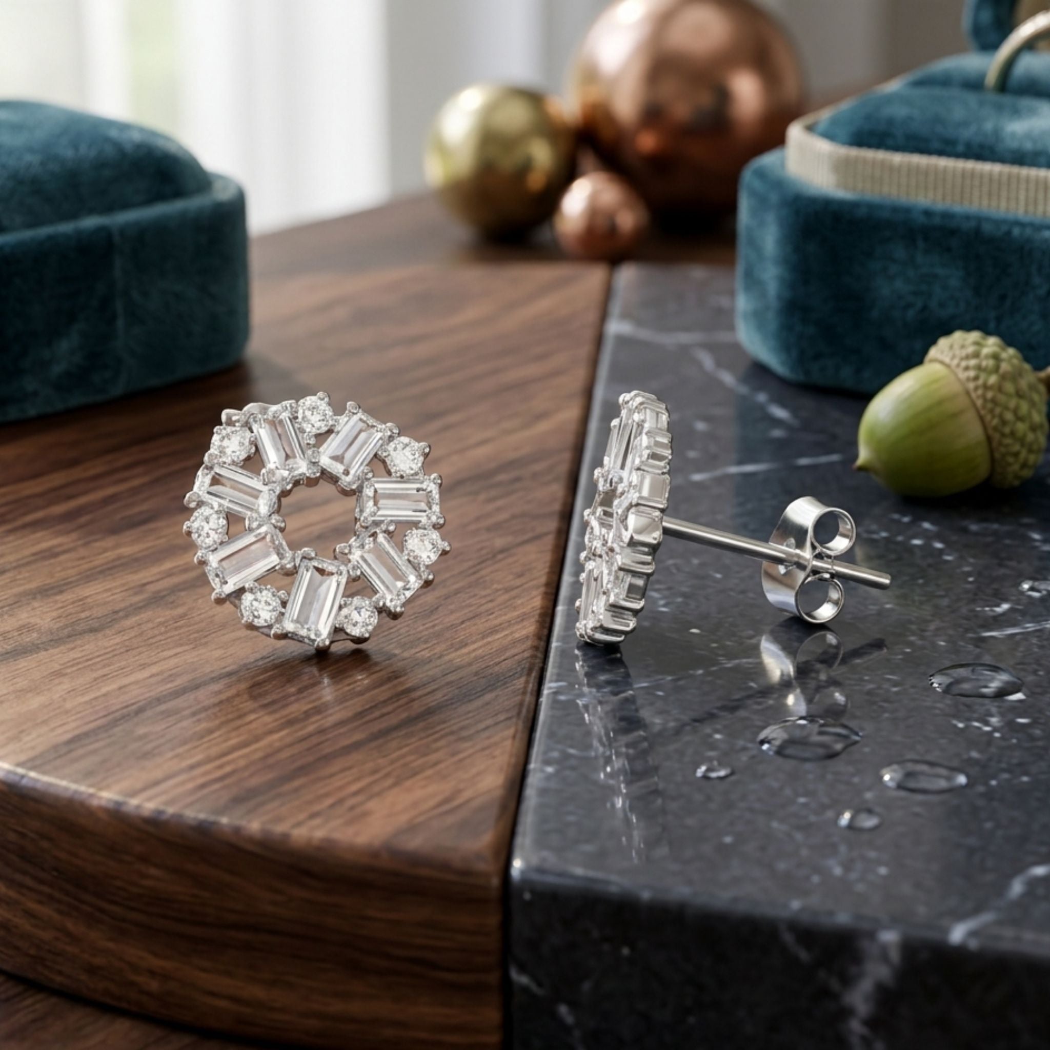 925 Sterling Silver Sunburst Stud Earrings With Baguette & Round Cubic Zirconia