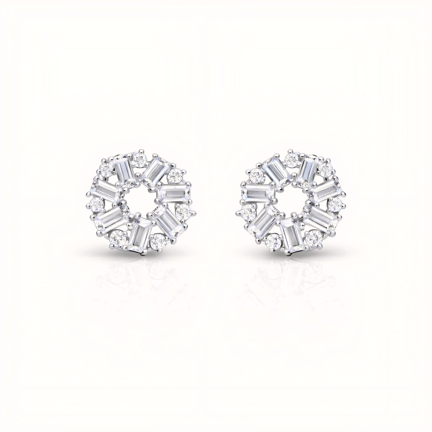 925 Sterling Silver Sunburst Stud Earrings With Baguette & Round Cubic Zirconia