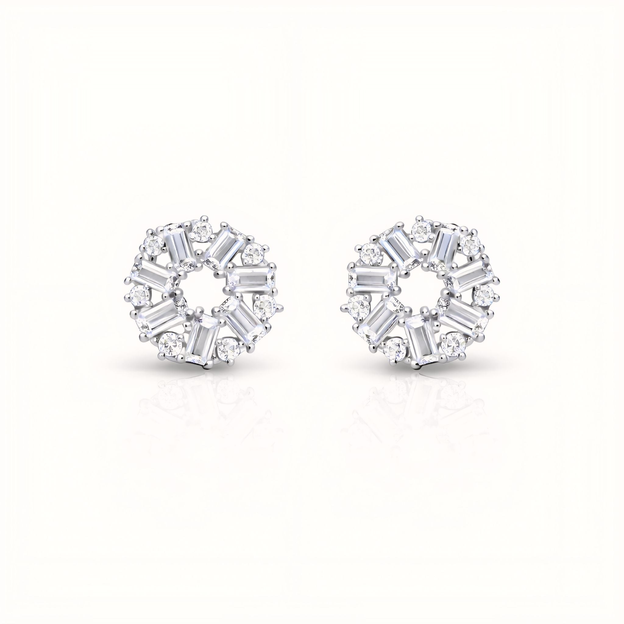 925 Sterling Silver Sunburst Stud Earrings With Baguette & Round Cubic Zirconia