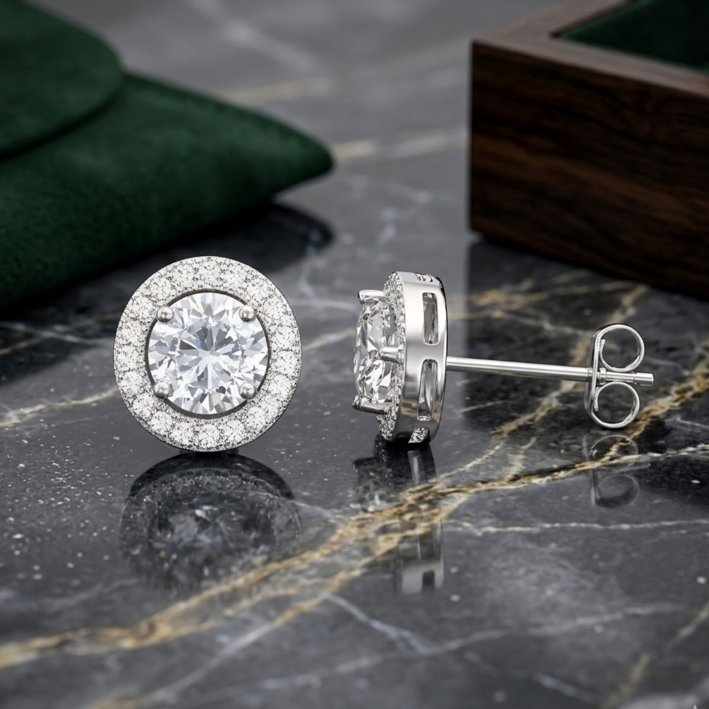 925 Sterling Silver Round Cut Halo Stud Earrings With Cubic Zirconia Solitaire