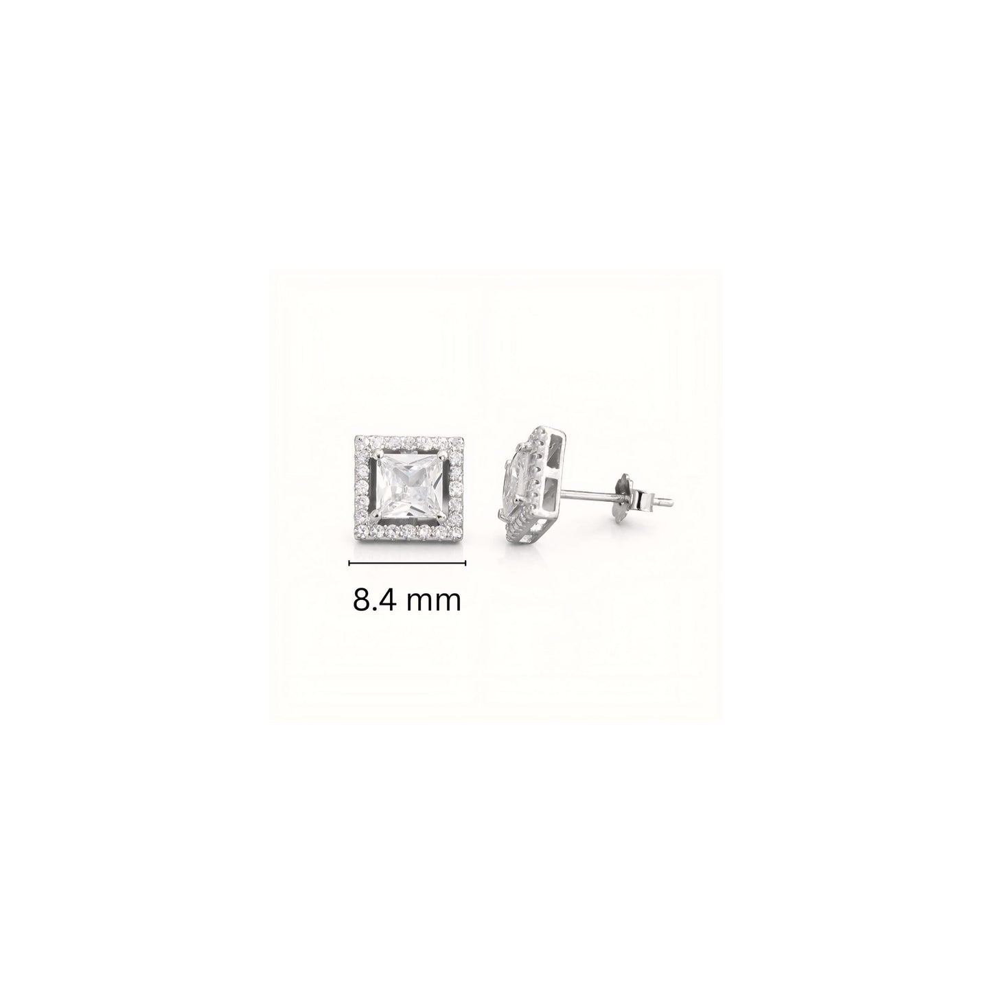 925 Sterling Silver Princess Cut Halo Stud Earrings With Cubic Zirconia Solitaire