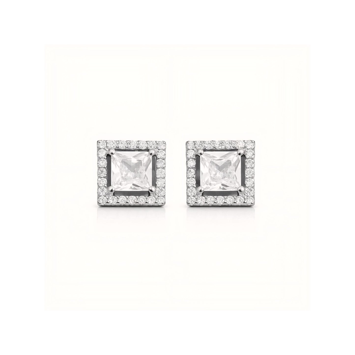 925 Sterling Silver Princess Cut Halo Stud Earrings With Cubic Zirconia Solitaire