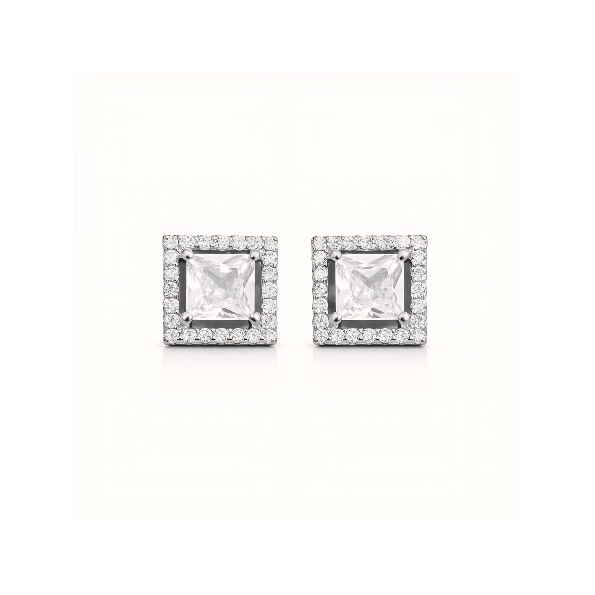 925 Sterling Silver Princess Cut Halo Stud Earrings With Cubic Zirconia Solitaire