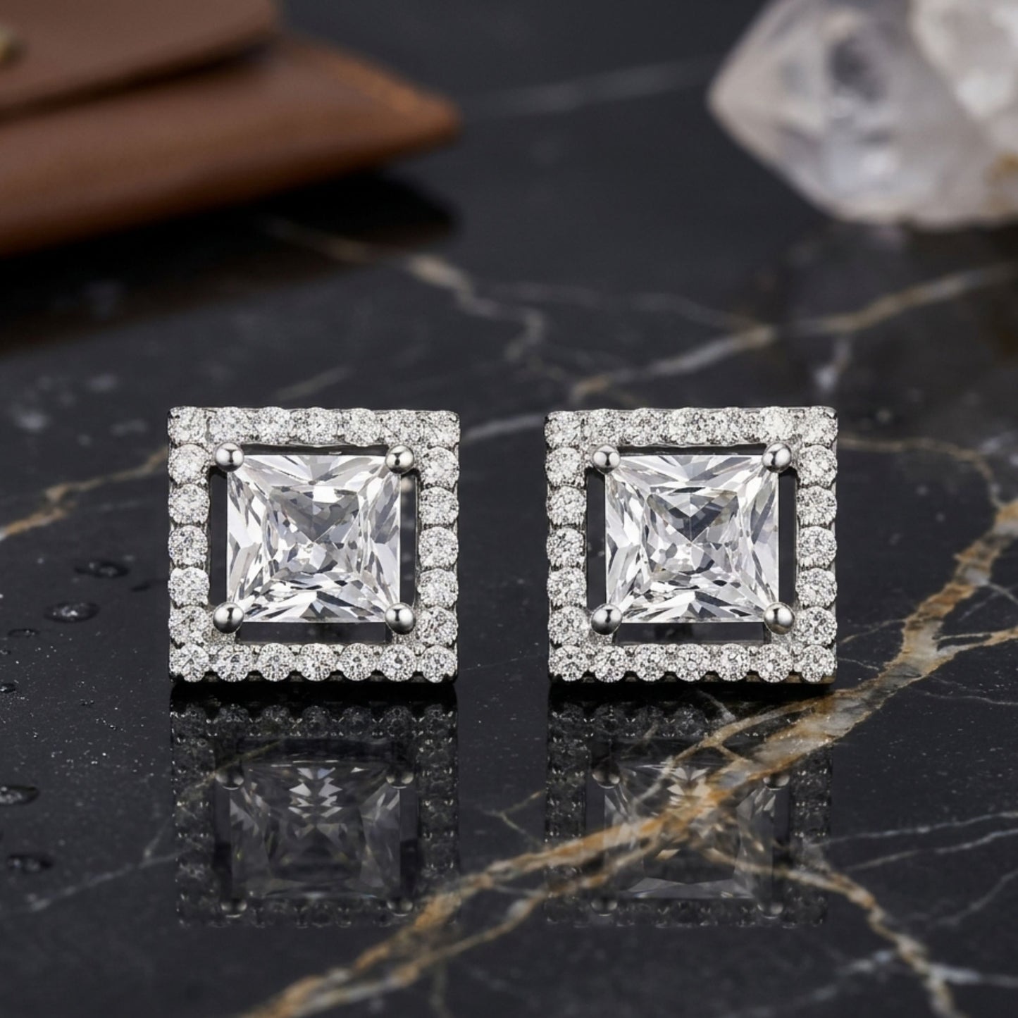 925 Sterling Silver Princess Cut Halo Stud Earrings With Cubic Zirconia Solitaire