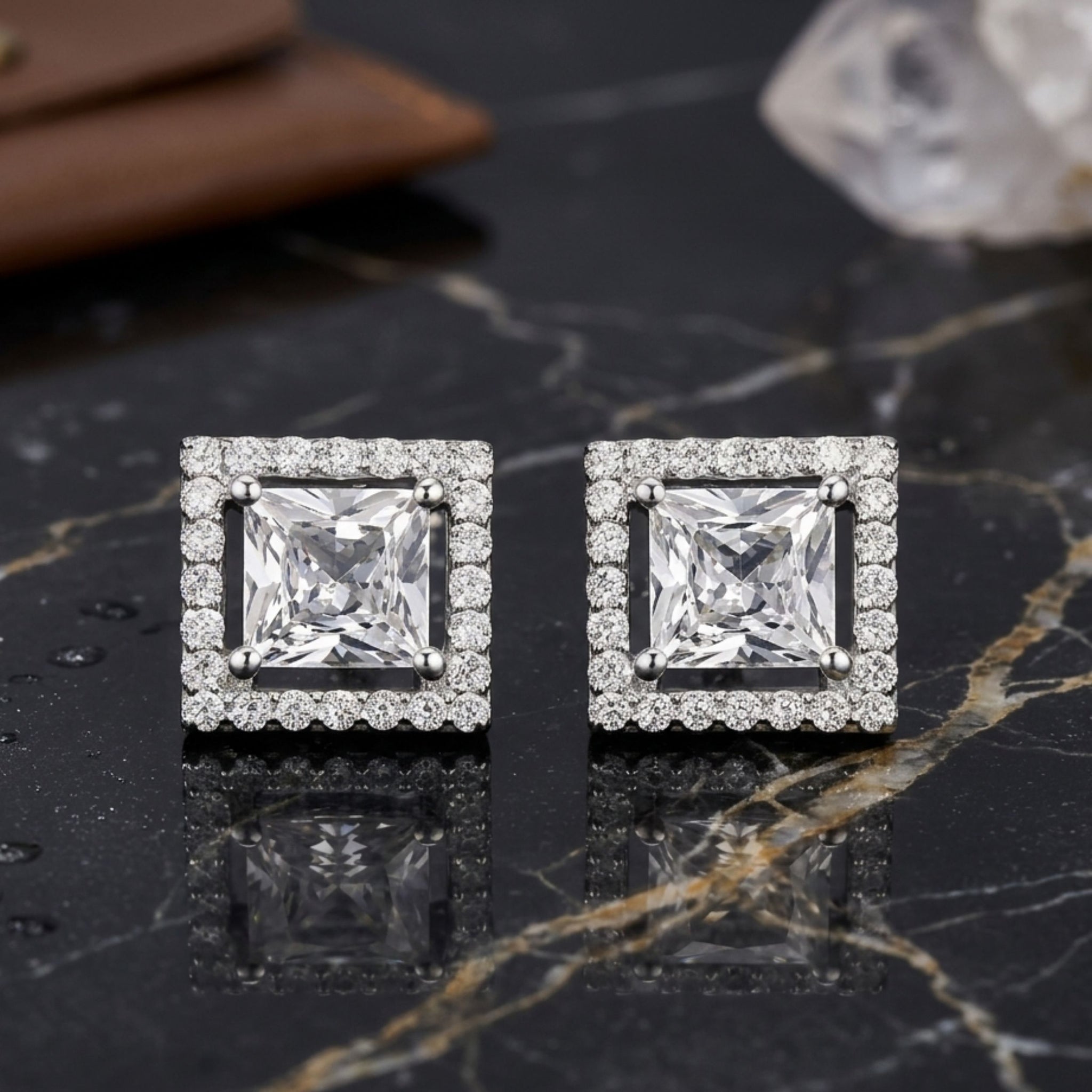 925 Sterling Silver Princess Cut Halo Stud Earrings With Cubic Zirconia Solitaire