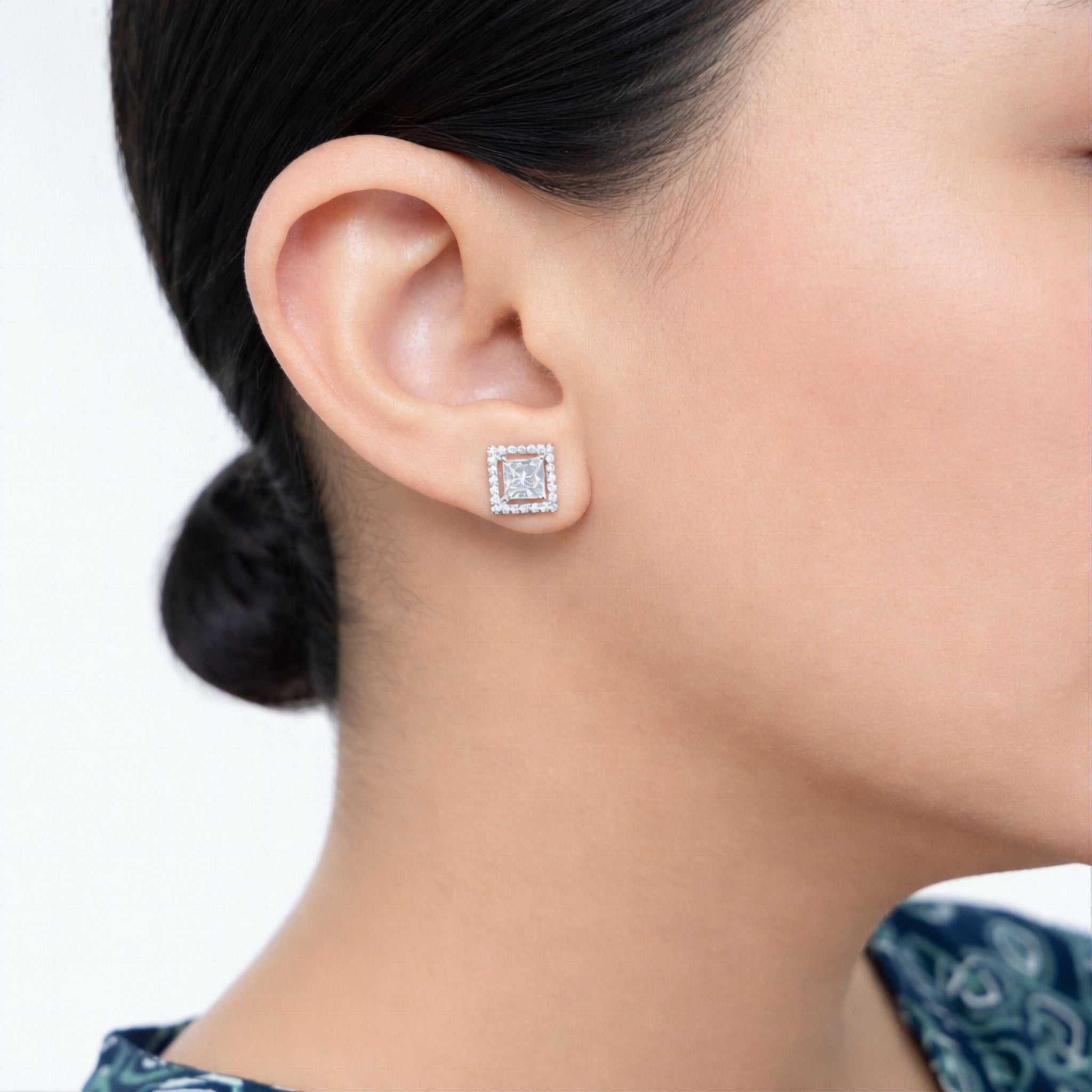 925 Sterling Silver Princess Cut Halo Stud Earrings With Cubic Zirconia Solitaire
