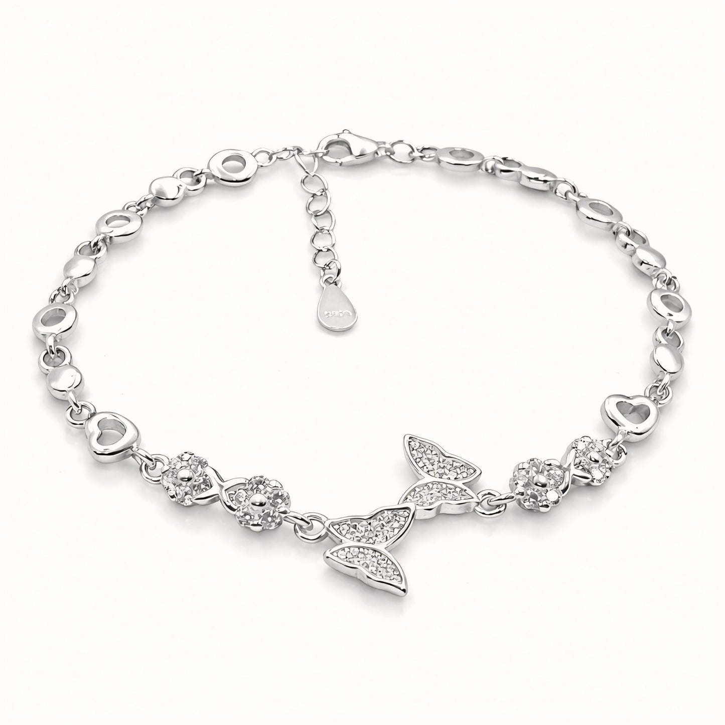 925 Sterling Silver Butterfly Charm Bracelet with Cubic Zirconia