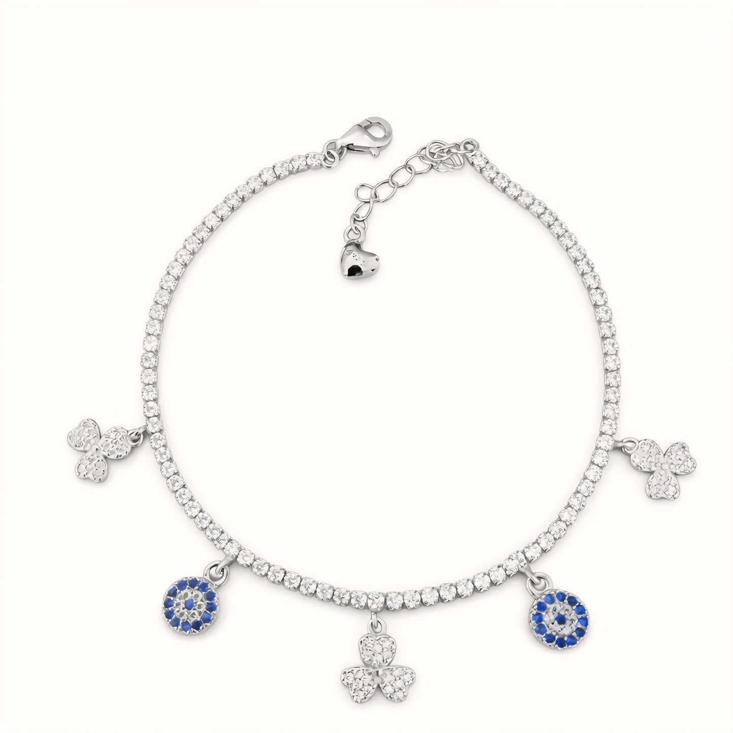 925 Sterling Silver Tennis Bracelet with Floral Charm Accents and Cubic Zirconia