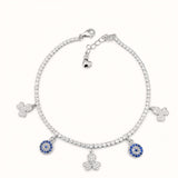 925 Sterling Silver Tennis Bracelet with Floral Charm Accents and Cubic Zirconia
