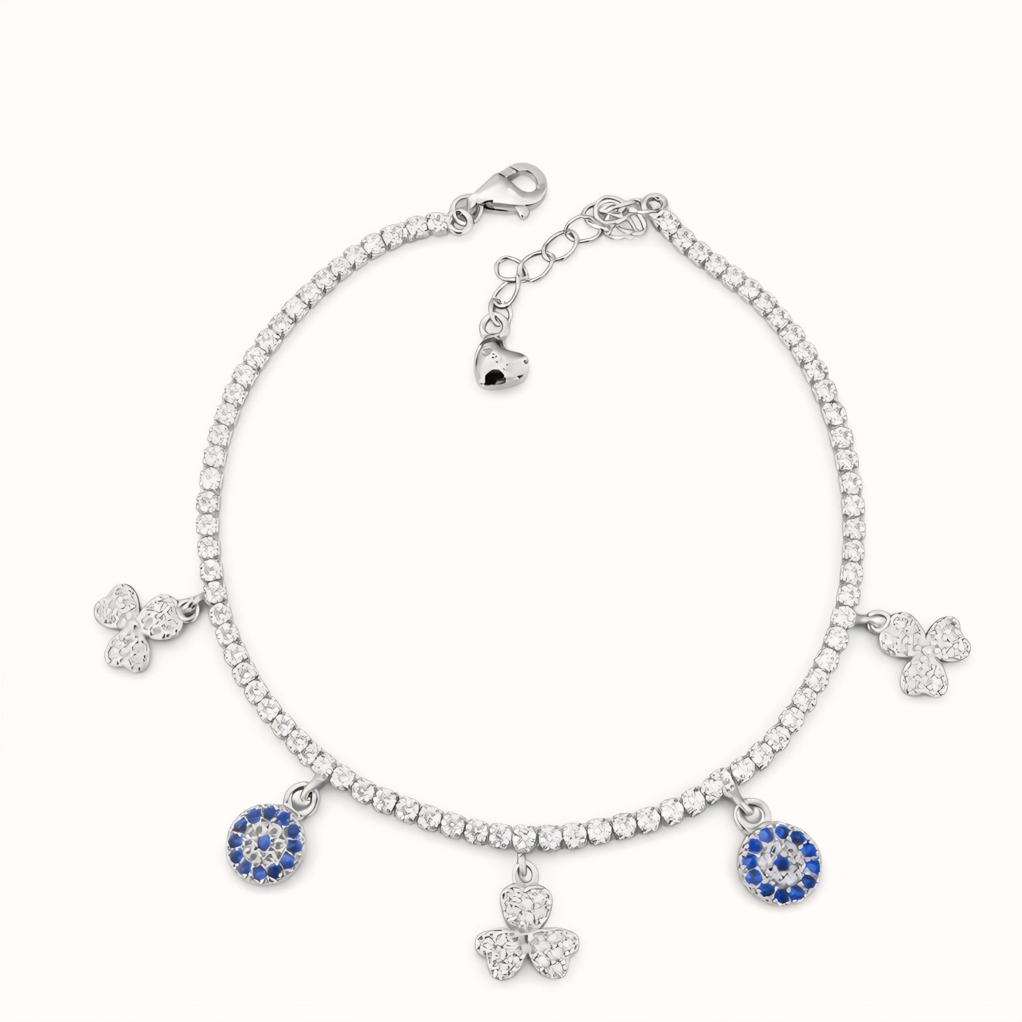 925 Sterling Silver Tennis Bracelet with Floral Charm Accents and Cubic Zirconia