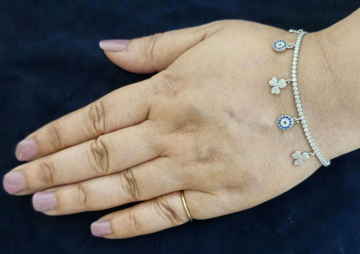 925 Sterling Silver Tennis Bracelet with Floral Charm Accents and Cubic Zirconia
