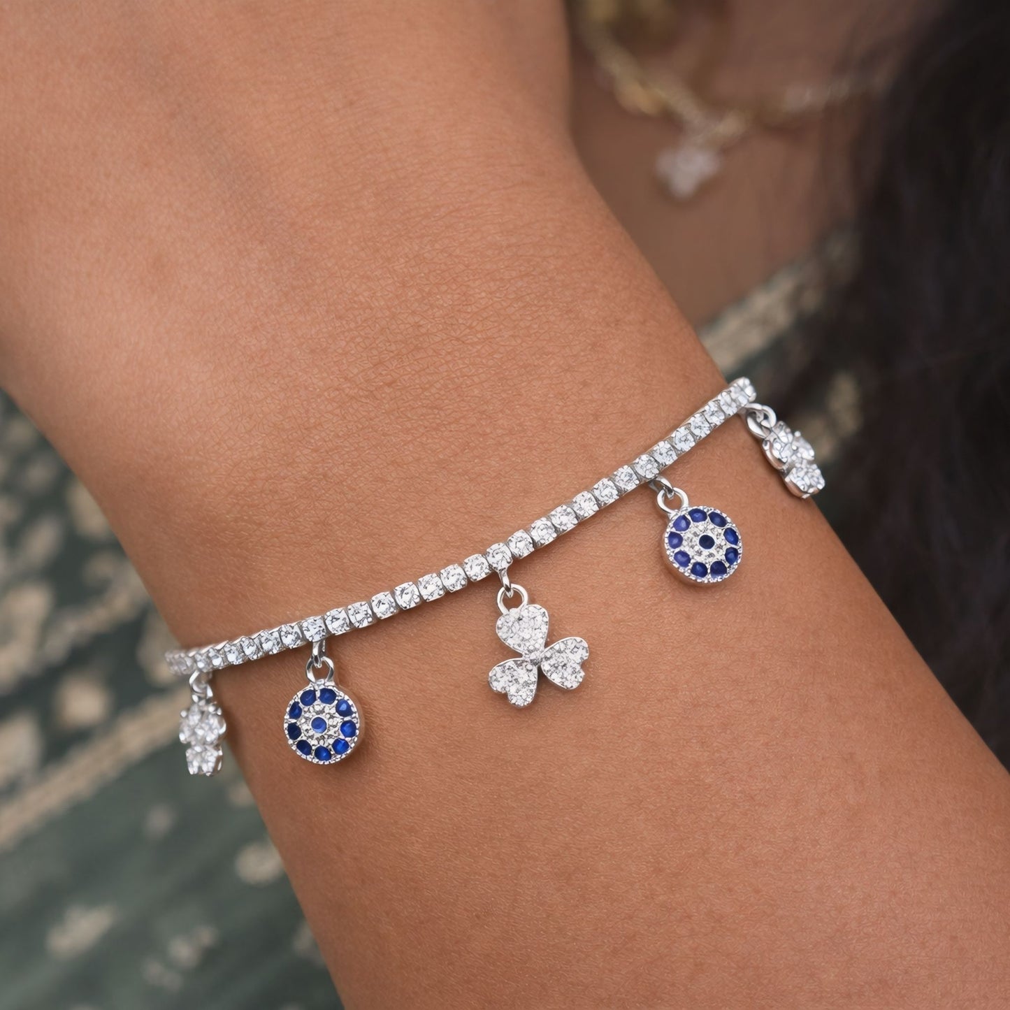 925 Sterling Silver Tennis Bracelet with Floral Charm Accents and Cubic Zirconia