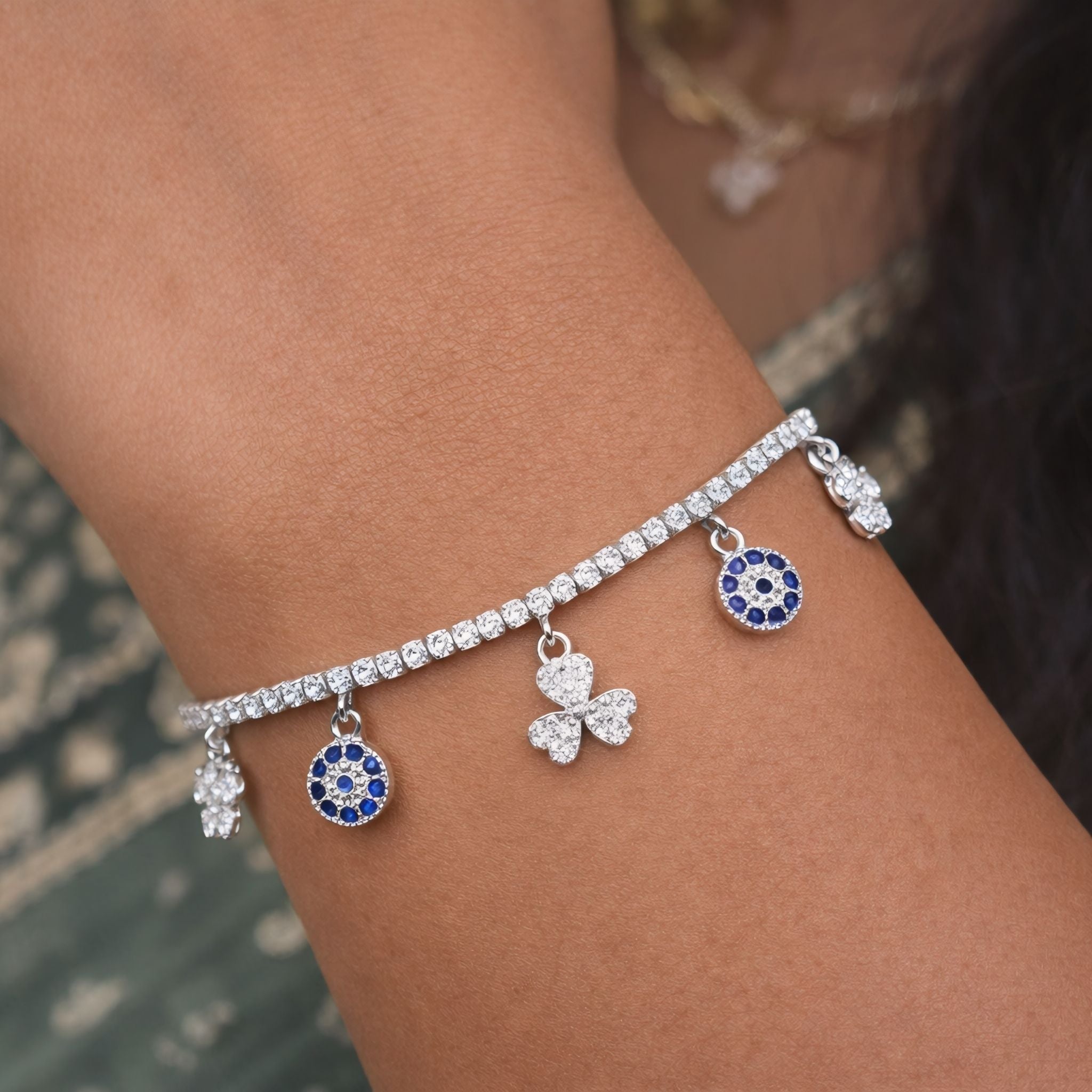 925 Sterling Silver Tennis Bracelet with Floral Charm Accents and Cubic Zirconia