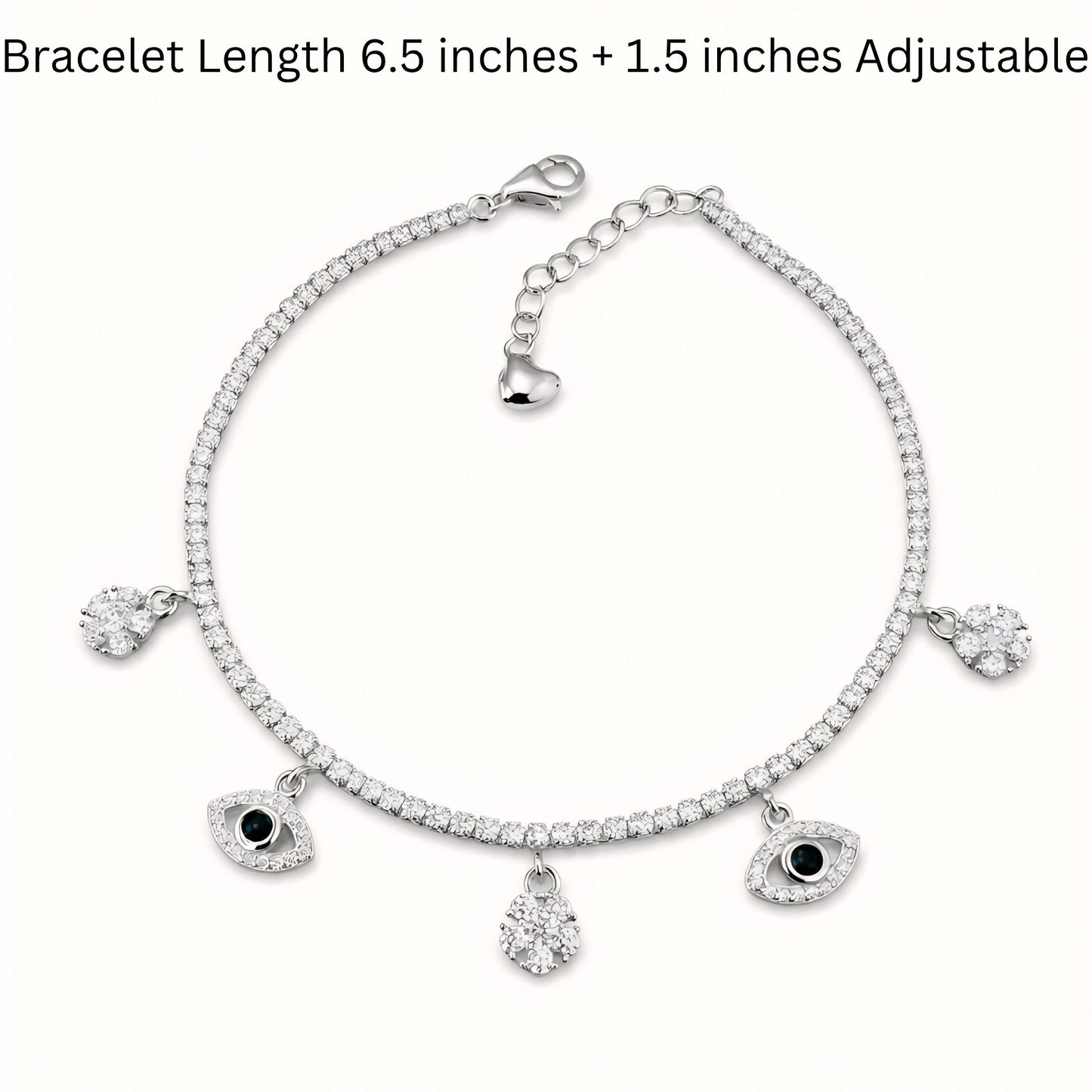 925 Sterling Silver Tennis Bracelet with Floral & Evil Eye Charm Accents