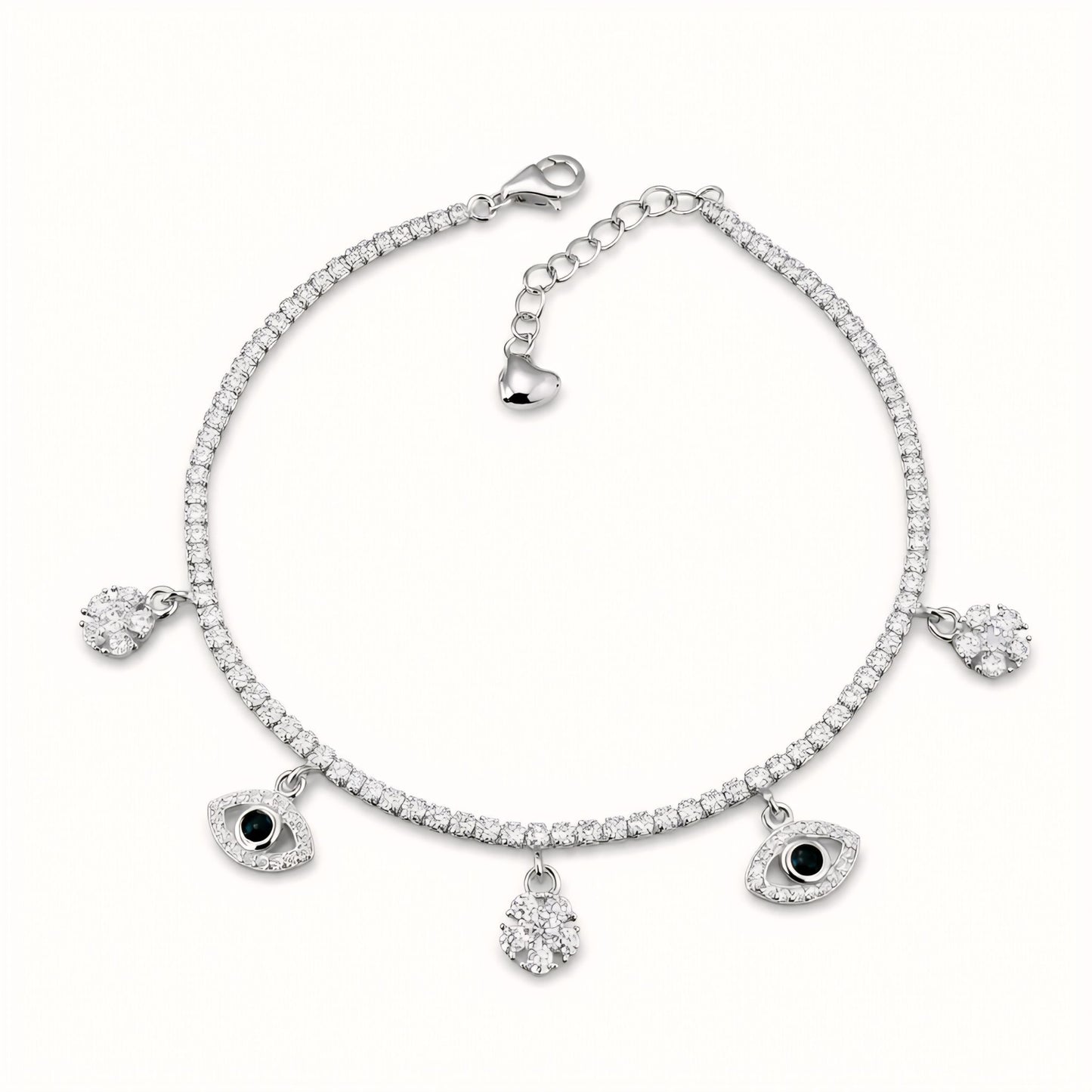 925 Sterling Silver Tennis Bracelet with Floral & Evil Eye Charm Accents