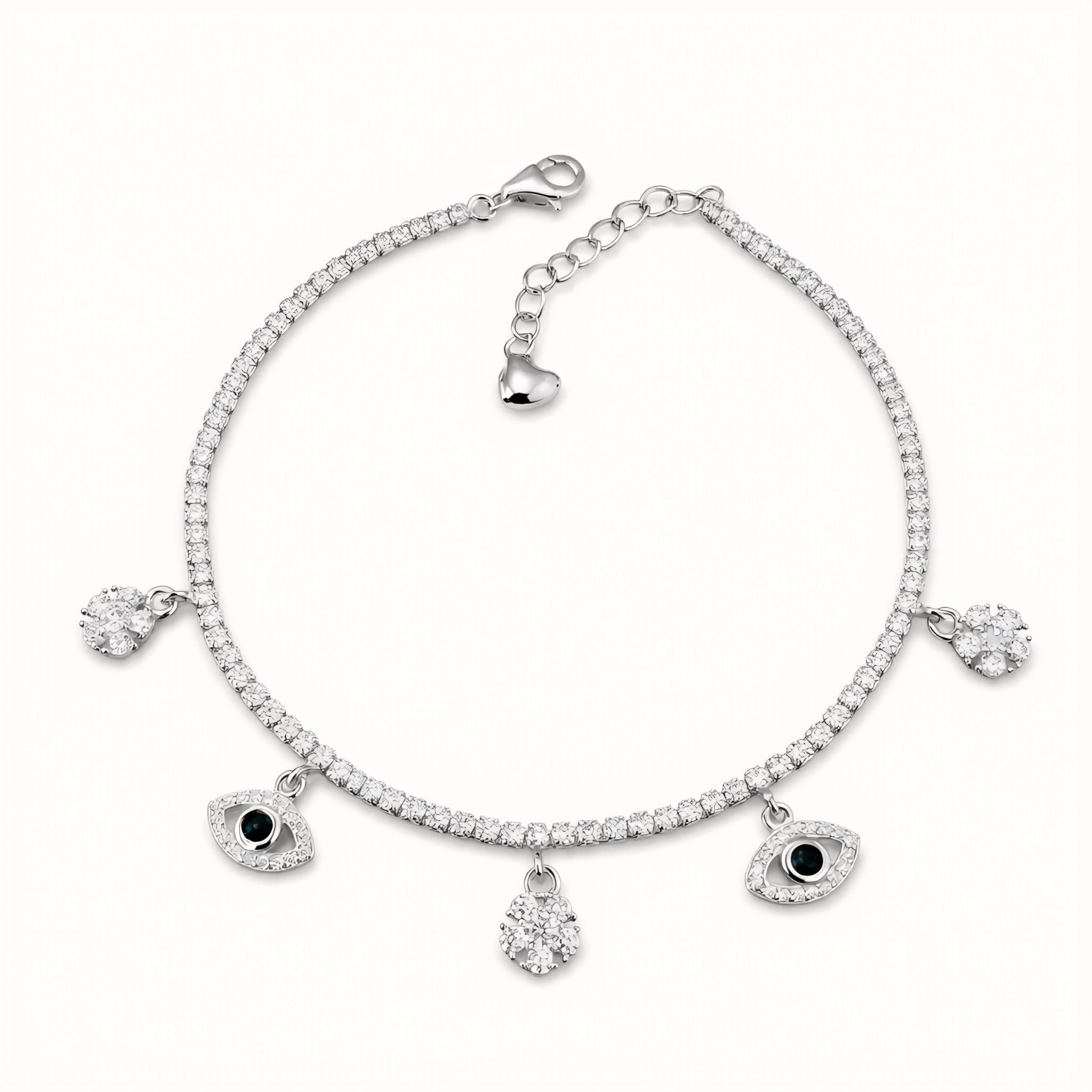 925 Sterling Silver Tennis Bracelet with Floral & Evil Eye Charm Accents