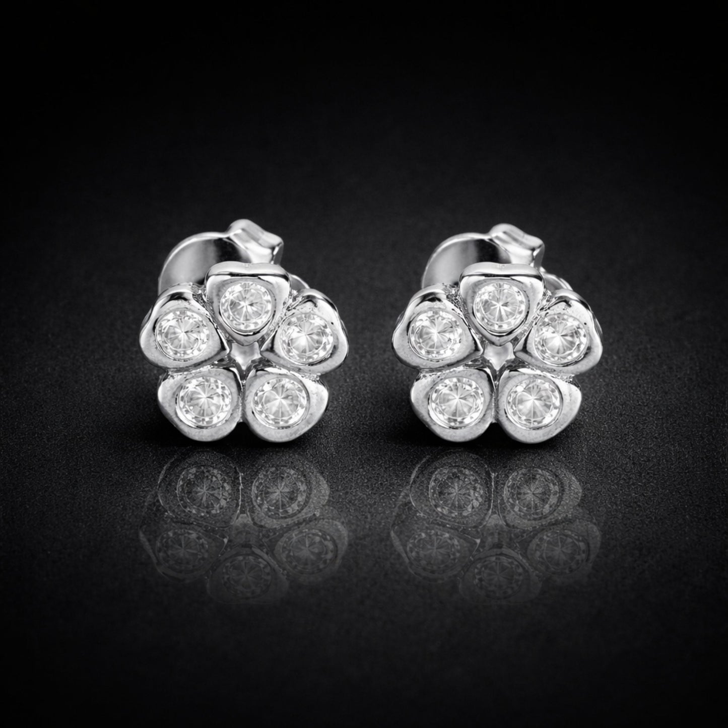 925 Sterling Silver Floral Cluster Stud Earrings With Cubic Zirconia