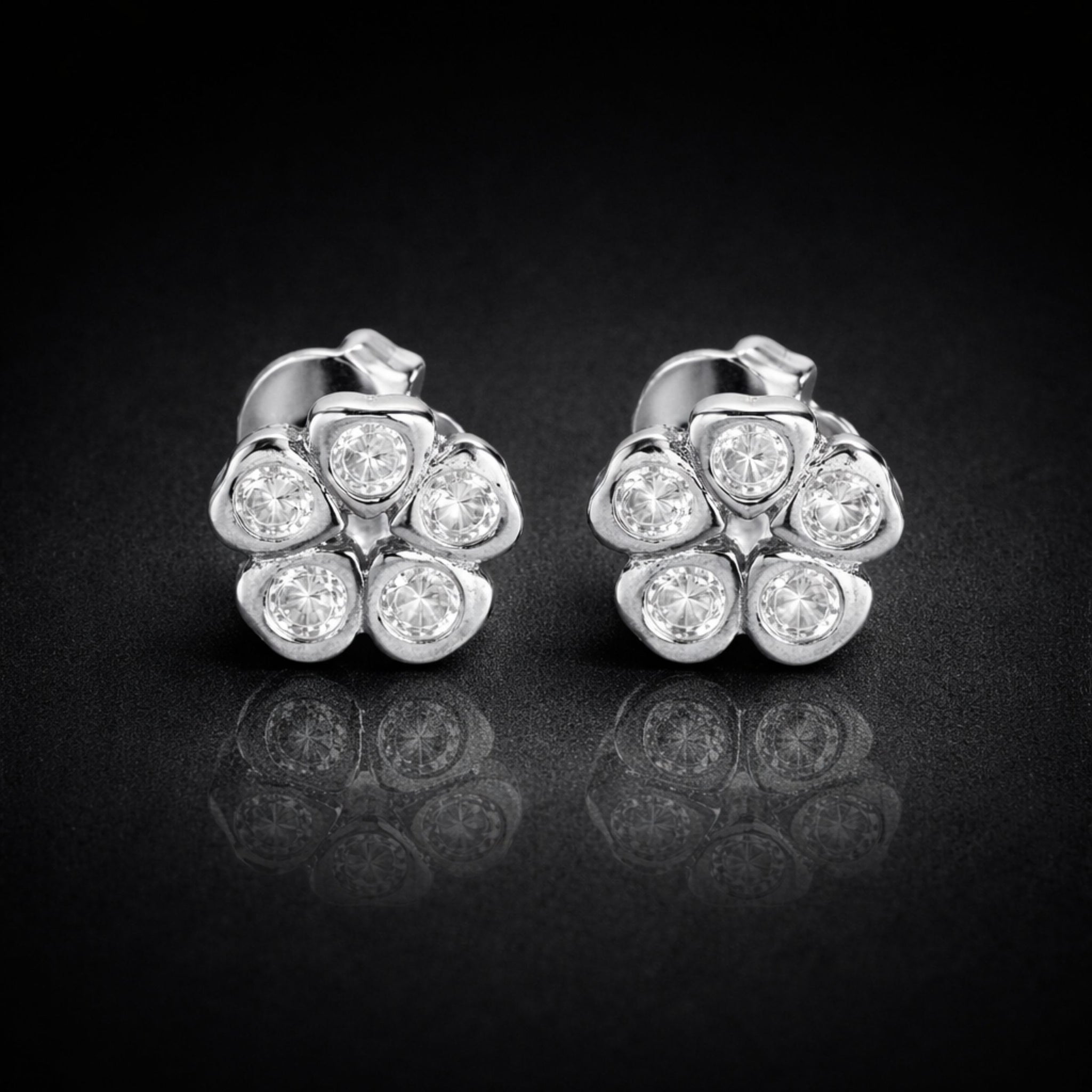 925 Sterling Silver Floral Cluster Stud Earrings With Cubic Zirconia