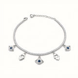925 Sterling Silver Tennis-Style Charm Bracelet with Evil Eye & Hamsa Motifs