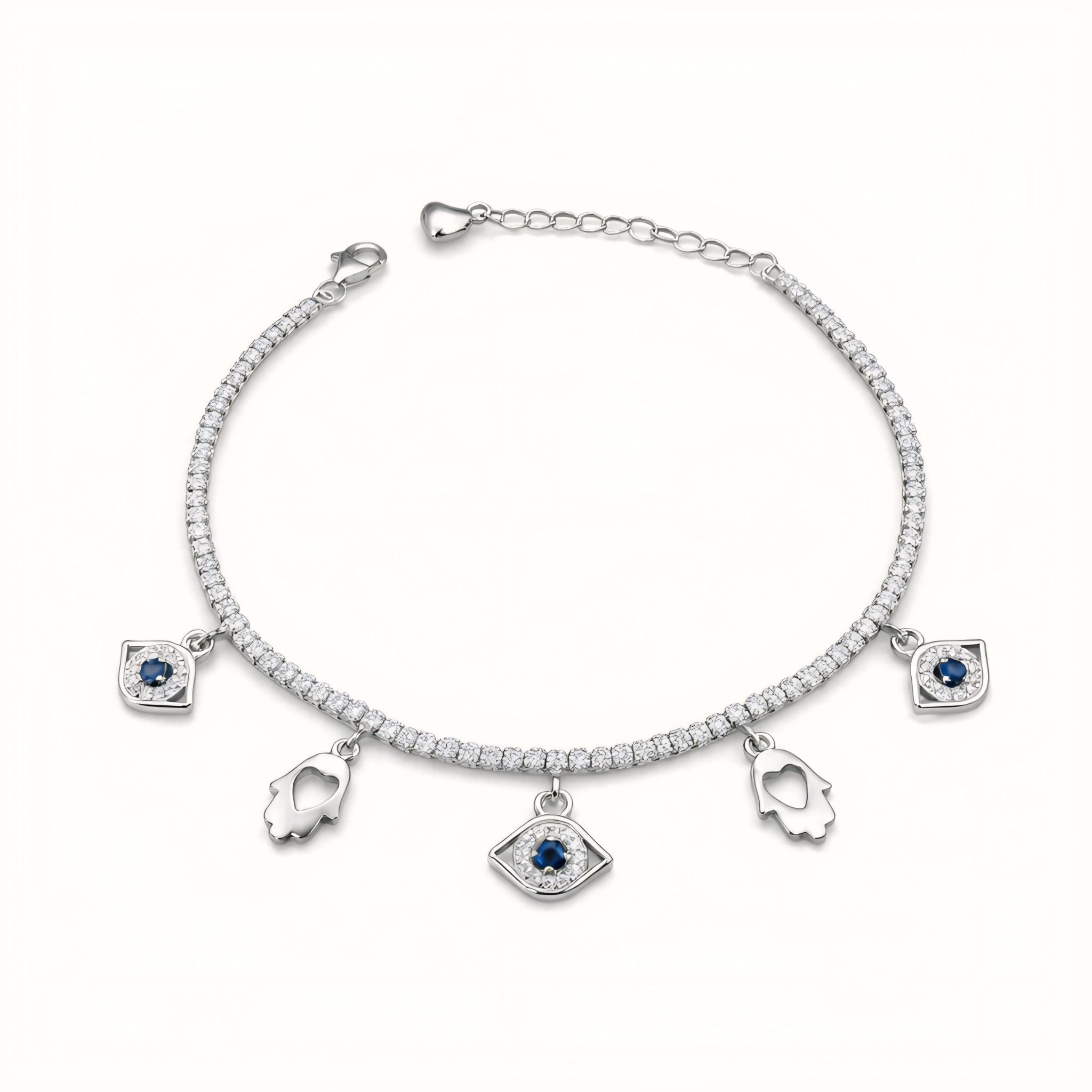 925 Sterling Silver Tennis-Style Charm Bracelet with Evil Eye & Hamsa Motifs