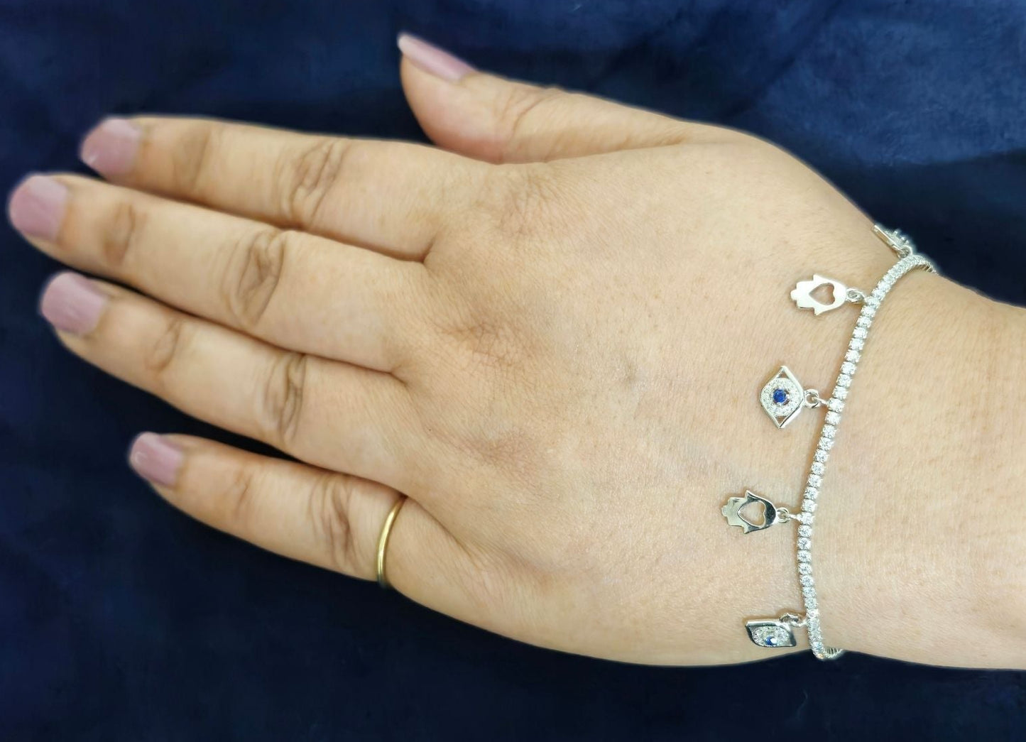 925 Sterling Silver Tennis-Style Charm Bracelet with Evil Eye & Hamsa Motifs