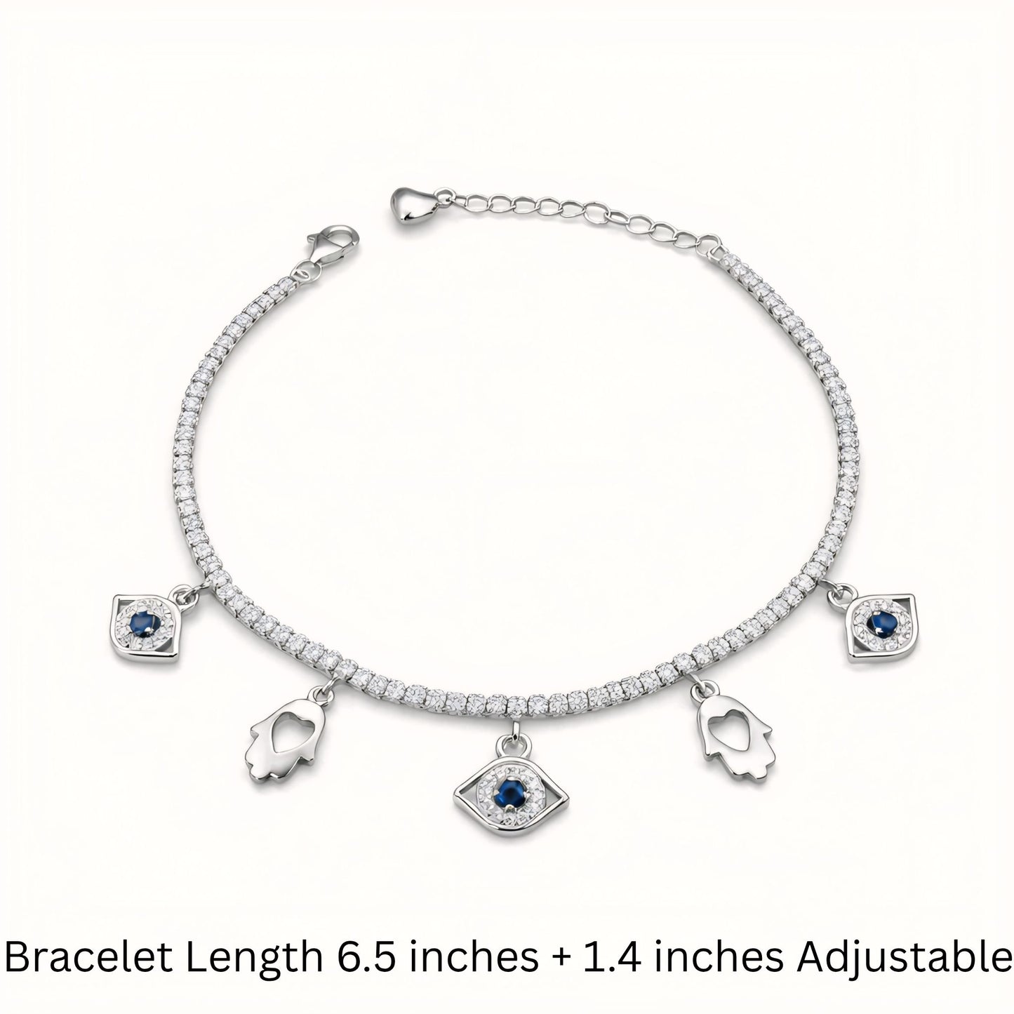 925 Sterling Silver Tennis-Style Charm Bracelet with Evil Eye & Hamsa Motifs