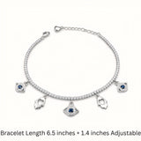 925 Sterling Silver Tennis-Style Charm Bracelet with Evil Eye & Hamsa Motifs