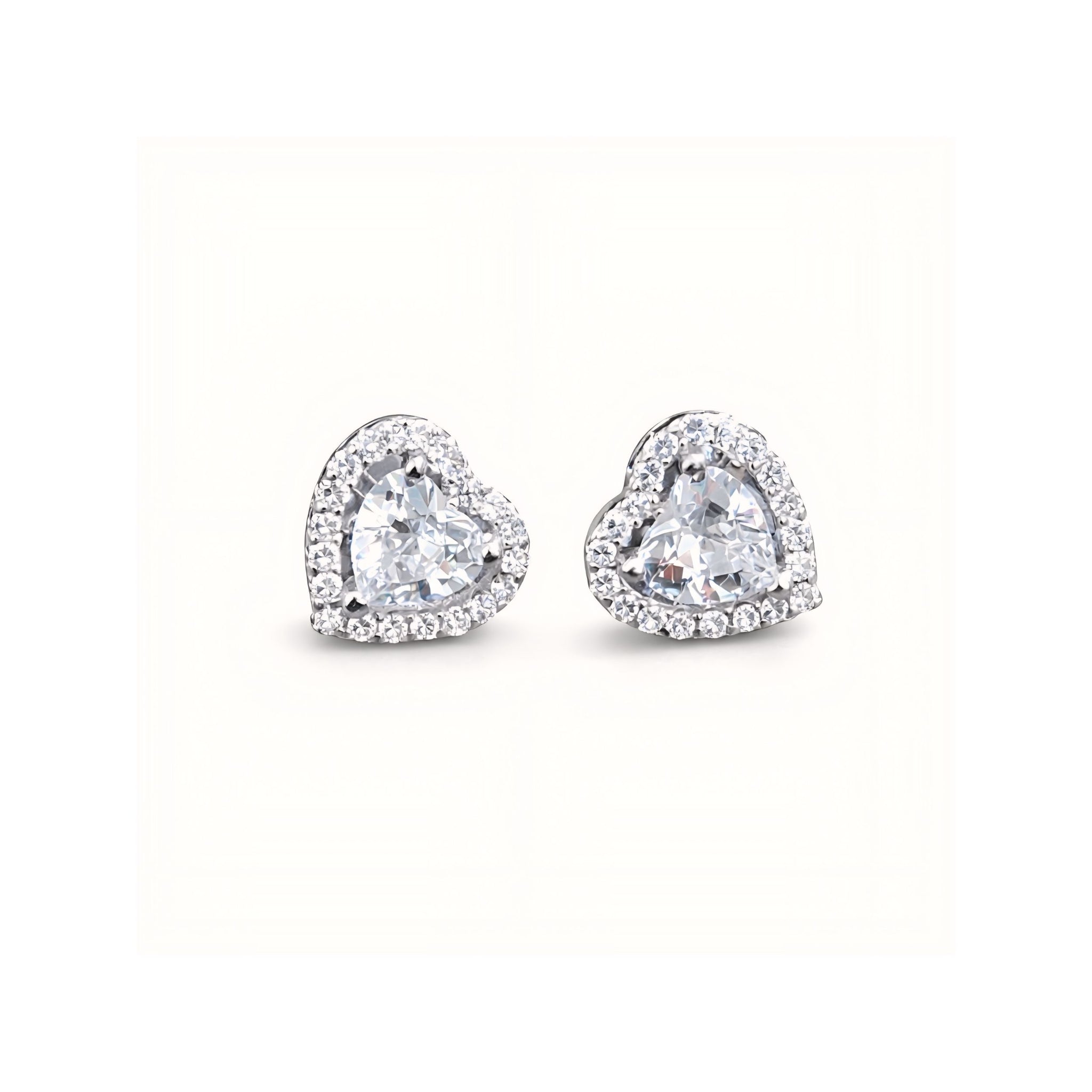 925 Sterling Silver Heart Cut Halo Stud Earrings With Cubic Zirconia Solitaire