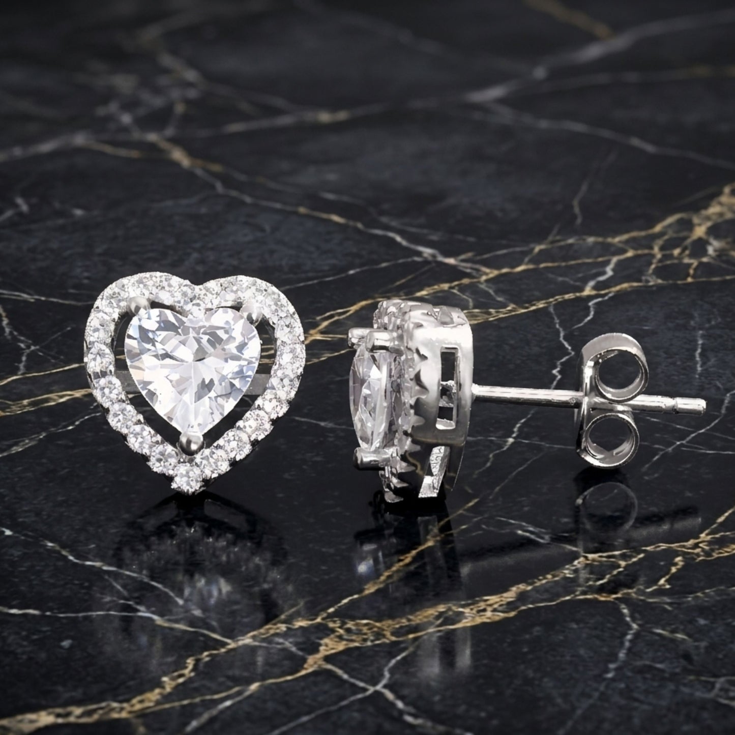 925 Sterling Silver Heart Cut Halo Stud Earrings With Cubic Zirconia Solitaire