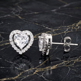 925 Sterling Silver Heart Cut Halo Stud Earrings With Cubic Zirconia Solitaire