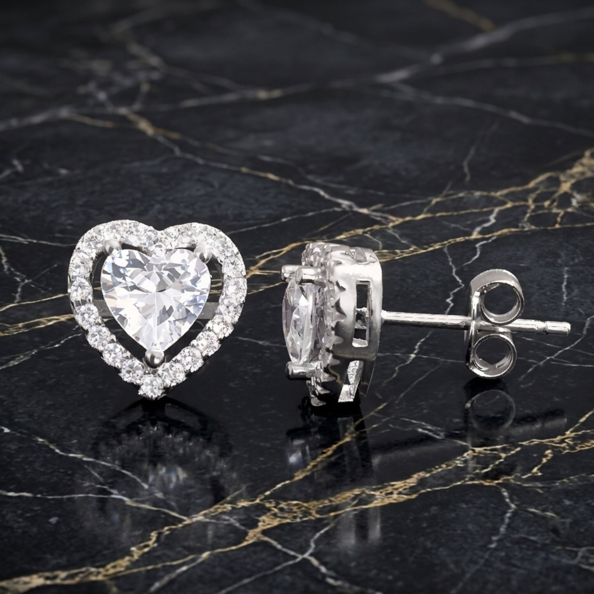 925 Sterling Silver Heart Cut Halo Stud Earrings With Cubic Zirconia Solitaire