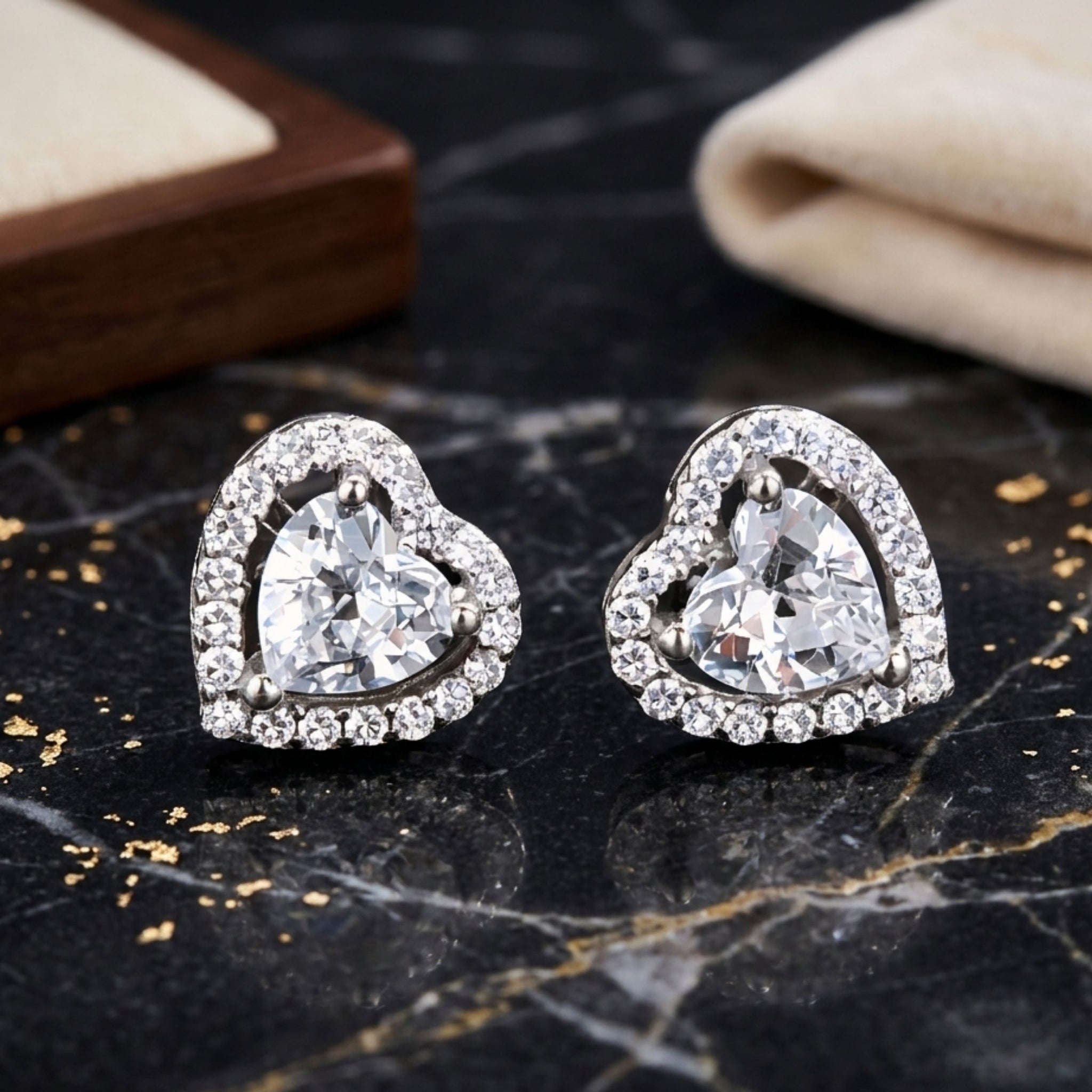 925 Sterling Silver Heart Cut Halo Stud Earrings With Cubic Zirconia Solitaire