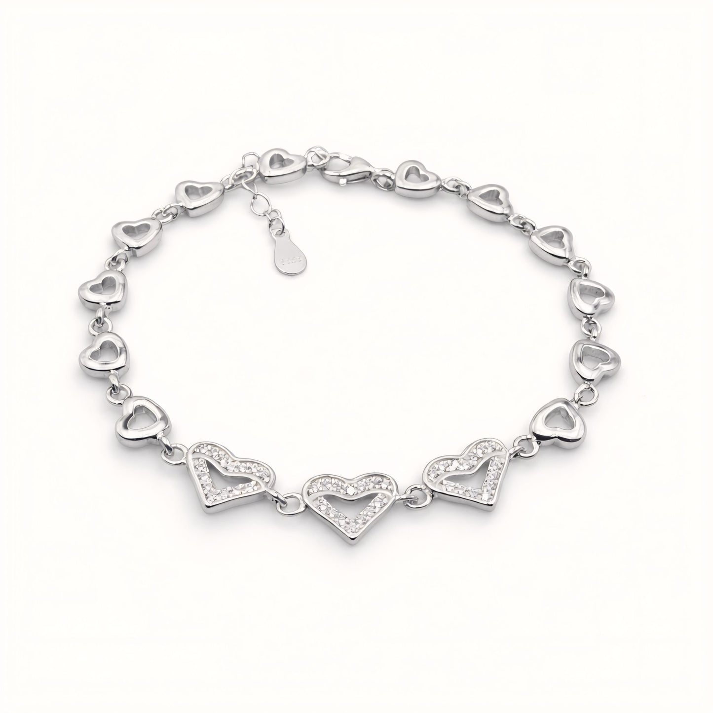925 Sterling Silver Heart Link Bracelet with Cubic Zirconia