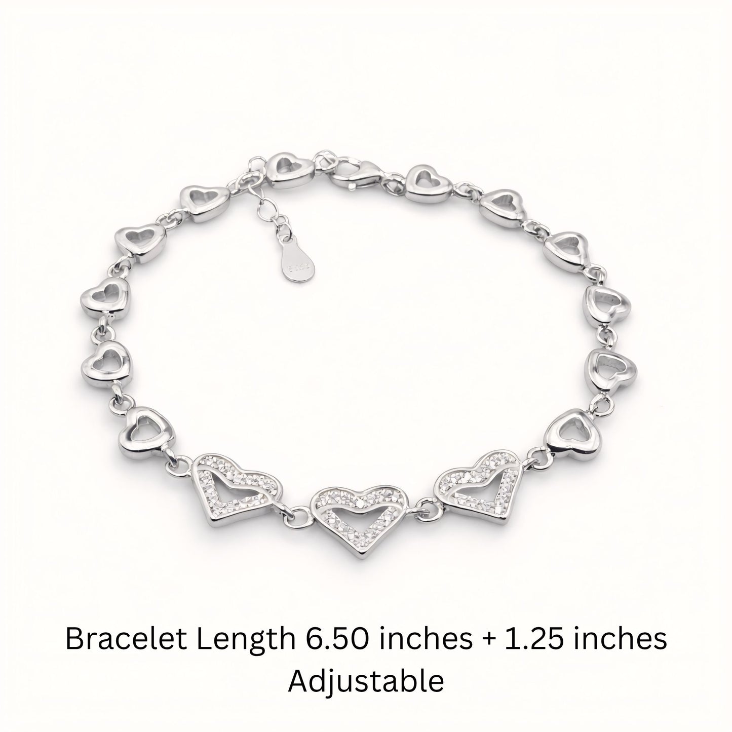 925 Sterling Silver Heart Link Bracelet with Cubic Zirconia