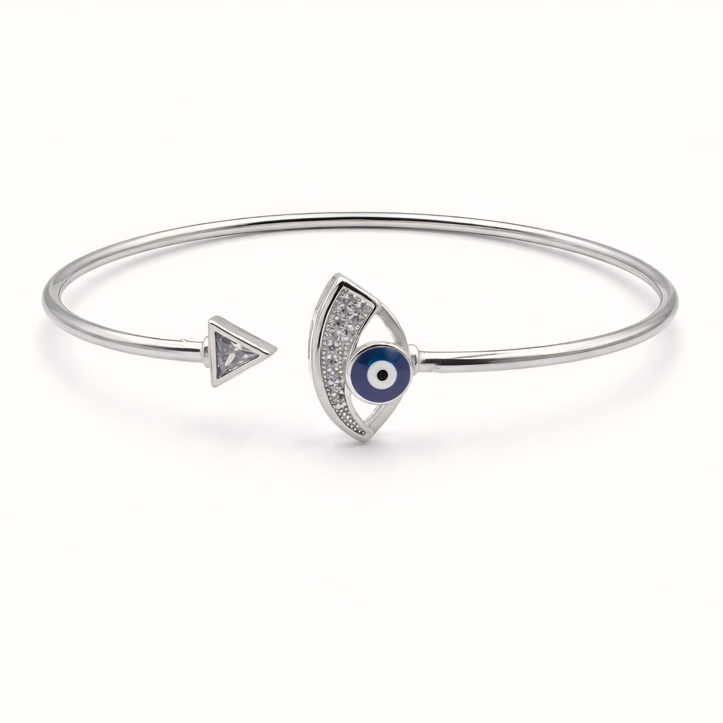 925 Sterling Silver Flexible Open Cuff Kada with Evil Eye and Cubic Zirconia