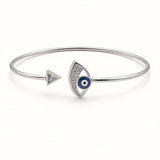 925 Sterling Silver Flexible Open Cuff Kada with Evil Eye and Cubic Zirconia