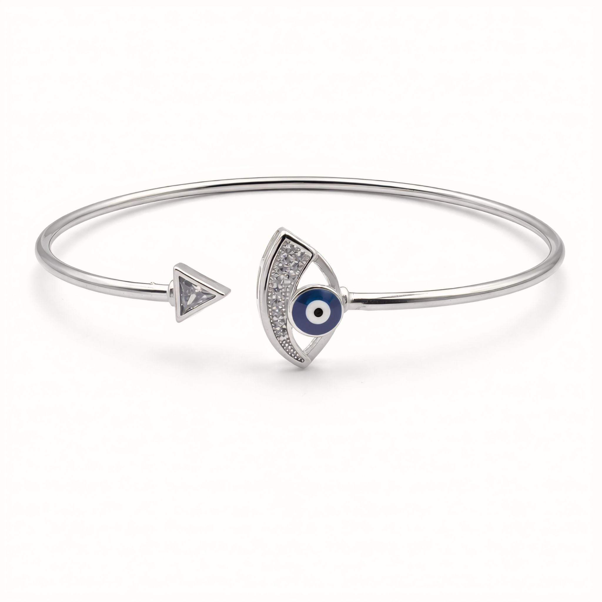 925 Sterling Silver Flexible Open Cuff Kada with Evil Eye and Cubic Zirconia