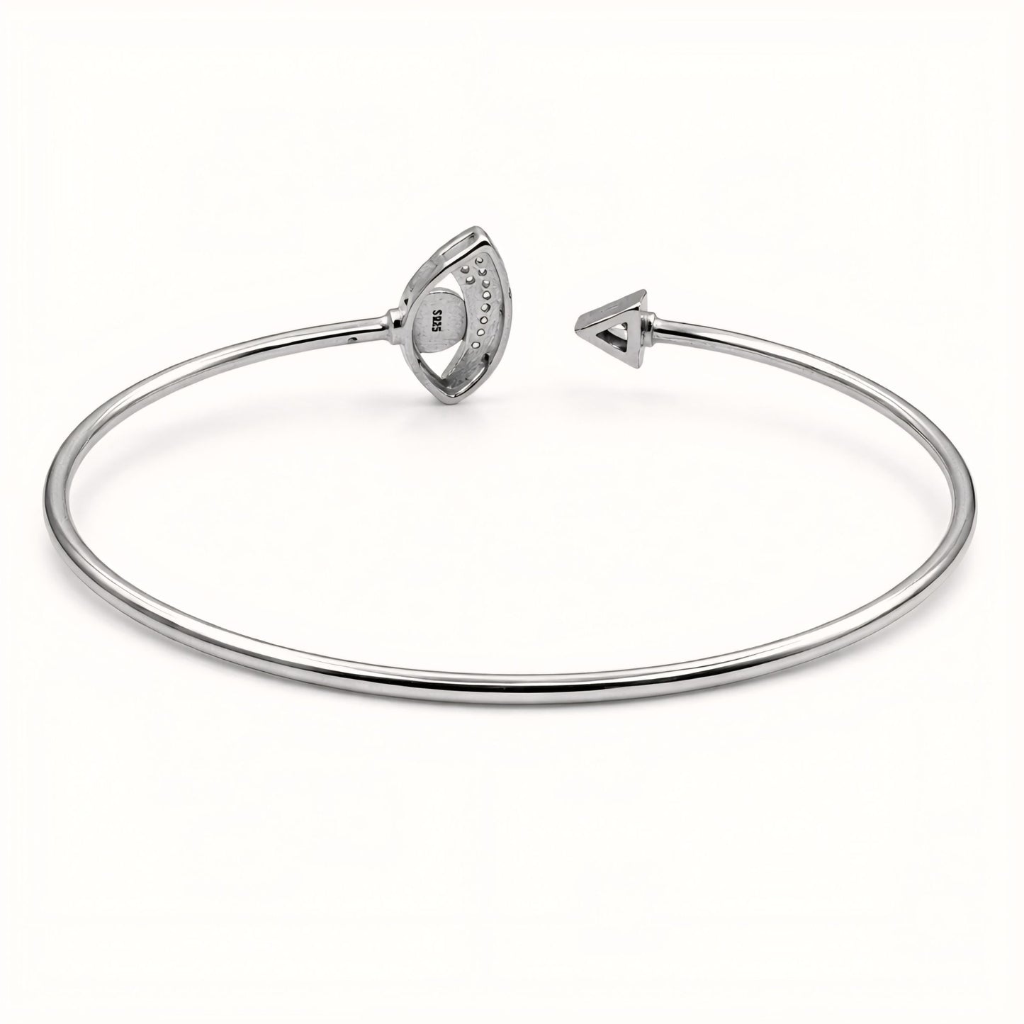 925 Sterling Silver Flexible Open Cuff Kada with Evil Eye and Cubic Zirconia