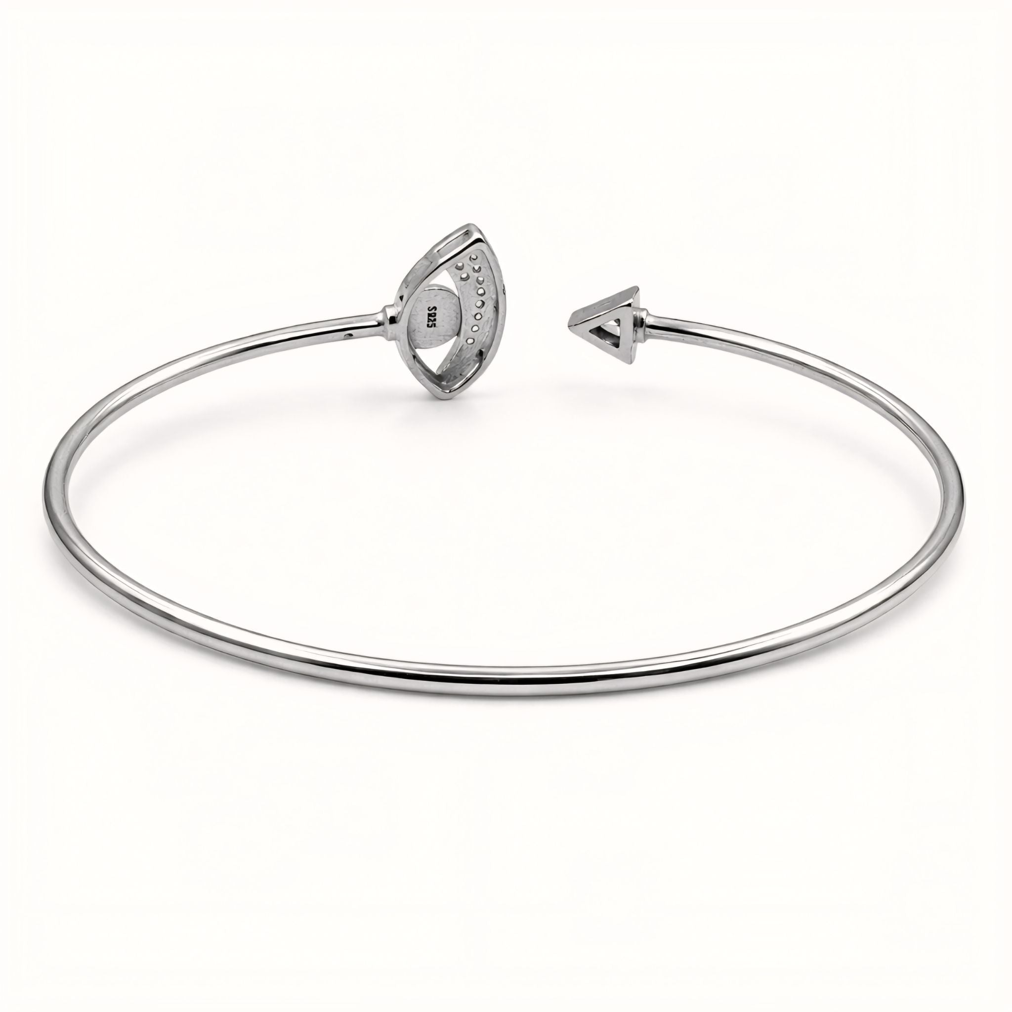 925 Sterling Silver Flexible Open Cuff Kada with Evil Eye and Cubic Zirconia