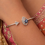 925 Sterling Silver Flexible Open Cuff Kada with Evil Eye and Cubic Zirconia
